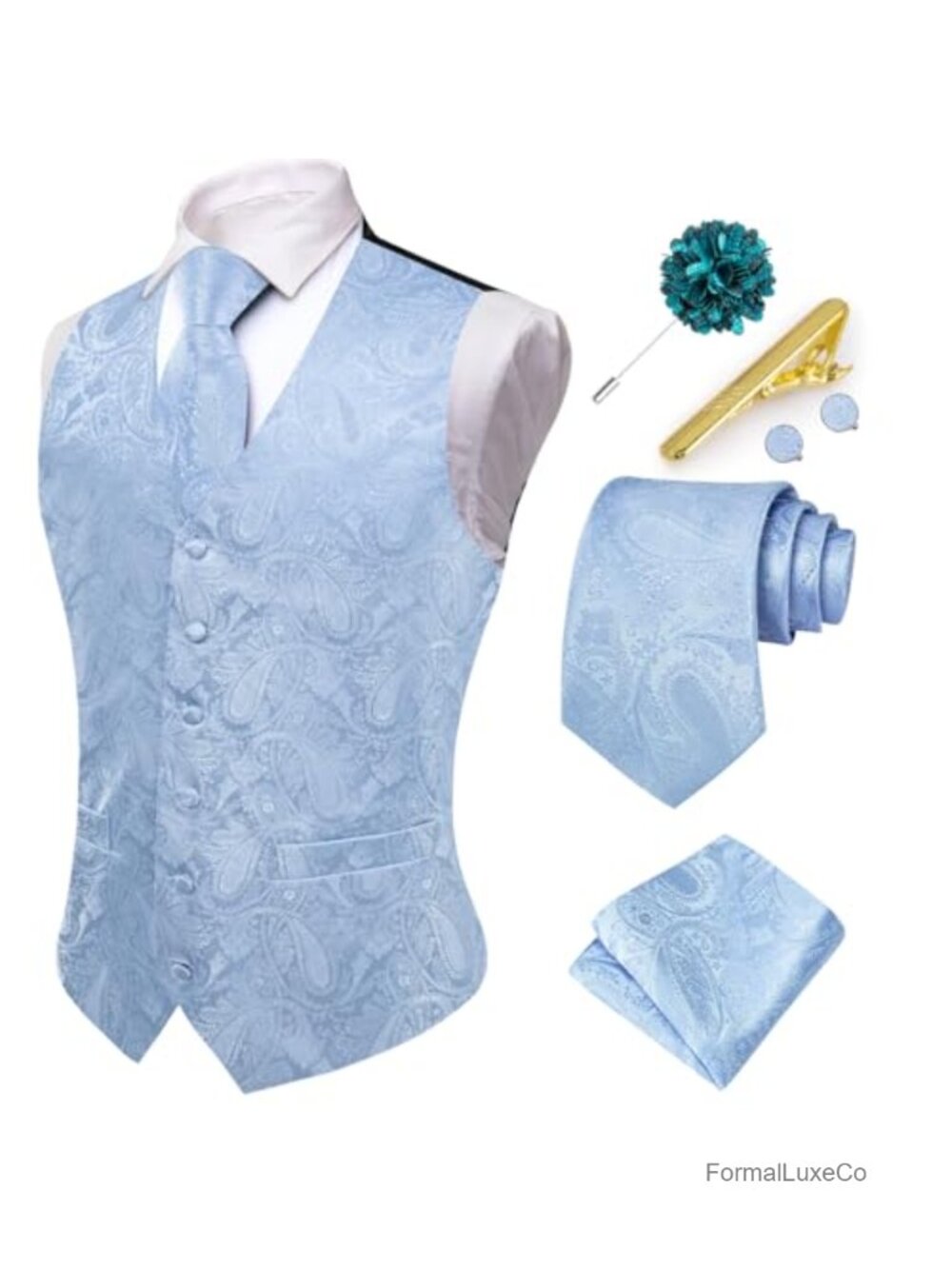 Men's Paisley Jacquard Suit Vest 6PC Set Satin Waistcoat Tie Formal Wedding